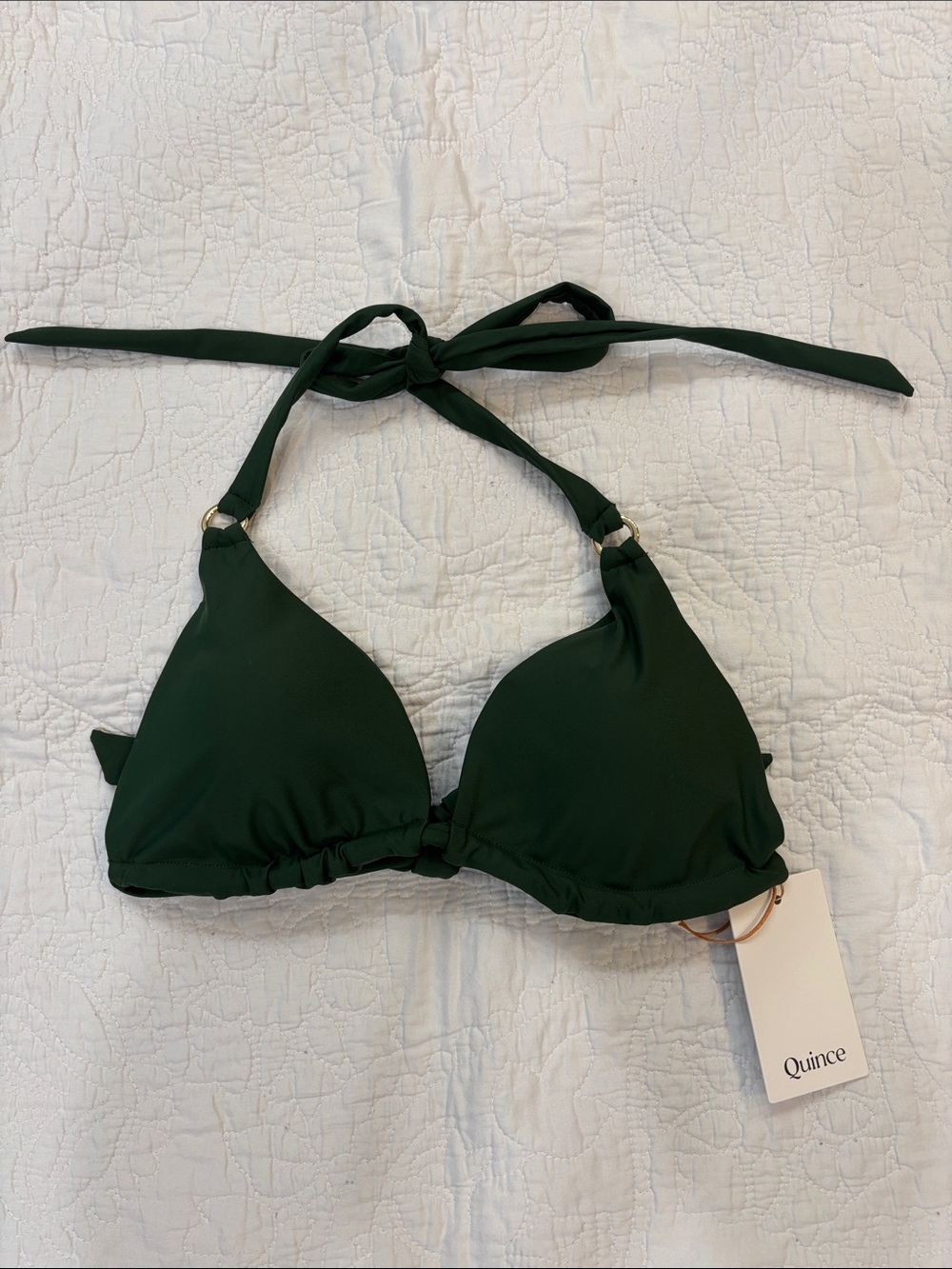 Quince Women’s Palm Green Halter Bikini Top Ties Medium with gold hardware